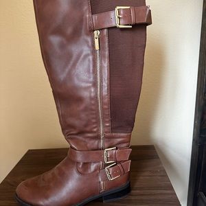 Brown leather Knee high boots with Extra Wide Calf and gold buckle detailing